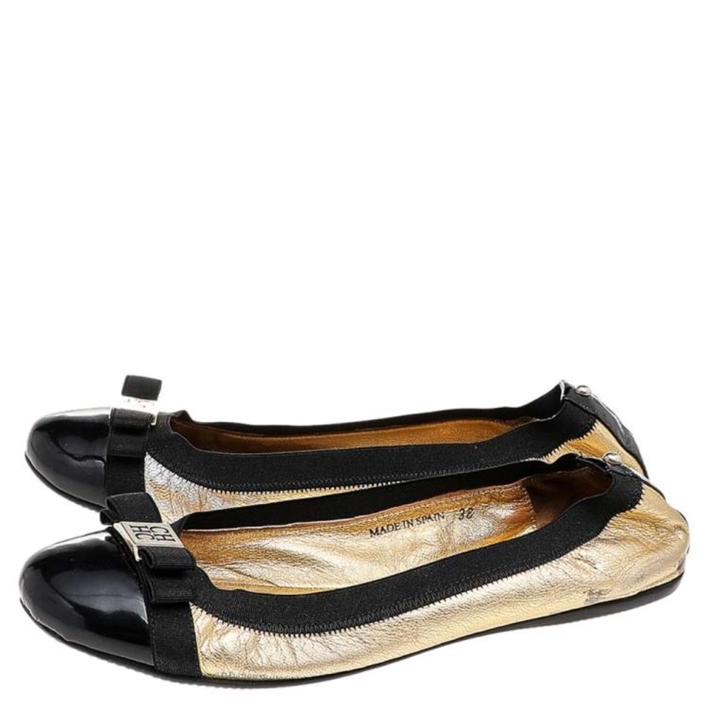 Carolina Herrera Gold/Black Leather Bow Ballet Flats Size 38